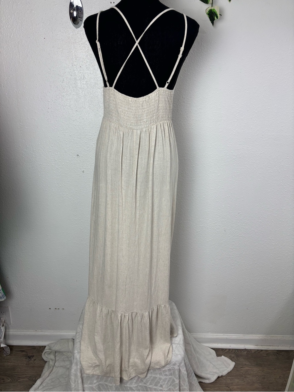 Windsor Cream Linen Blend Maxi Dress Boho Cottagecore Strappy Deep V Medium - Picture 4 of 9